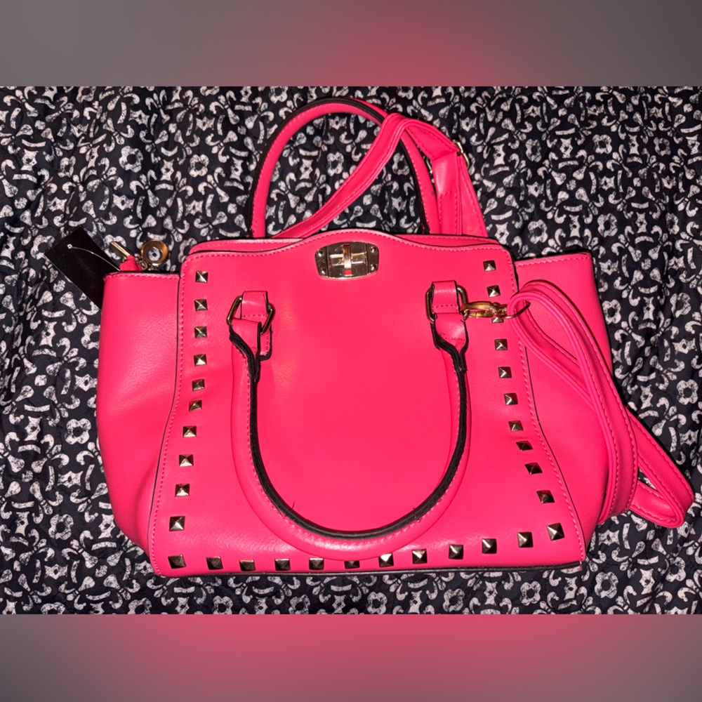 NWT Women's Hot Pink Studded Satchel Handbag with removable crossbody strap